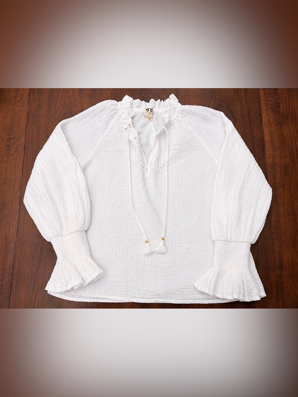 FIGUE White Cotton Gauze Peasant Blouse M Ruffle Bell Sleeve Tassel Boho